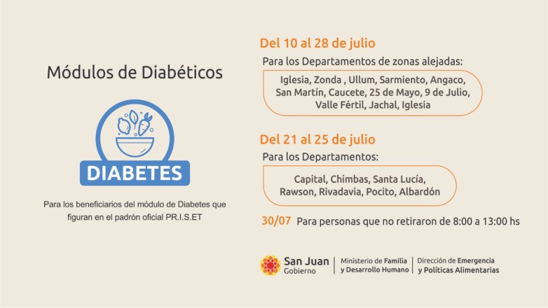 Inicia la entrega de los módulos alimentarios para personas con diabetes de julio